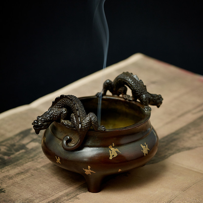 紫铜香薰炉大号龙耳三足宣德炉创意家用室内檀香盘香炉茶道薰香炉