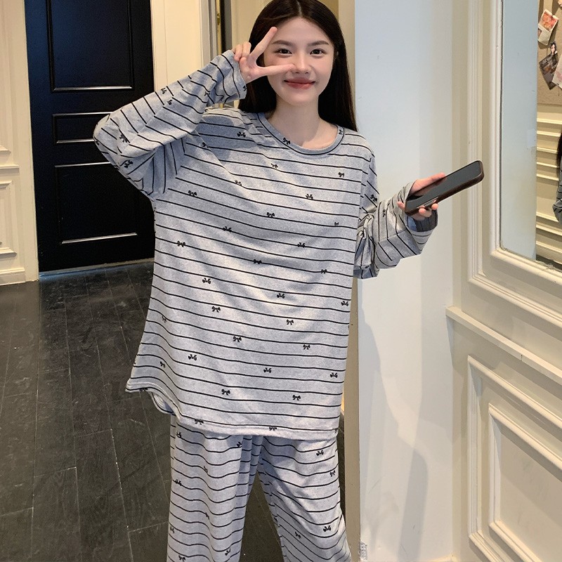 女士韩版条纹蝴蝶结圆领睡衣套装