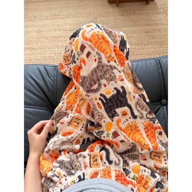 慵懒风猫咪印花高腰可外穿睡裤女