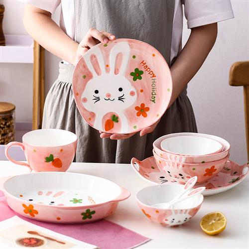 创陶瓷餐具套装  可爱儿童碗餐盘单柄碗用小吃盘双耳烤盘