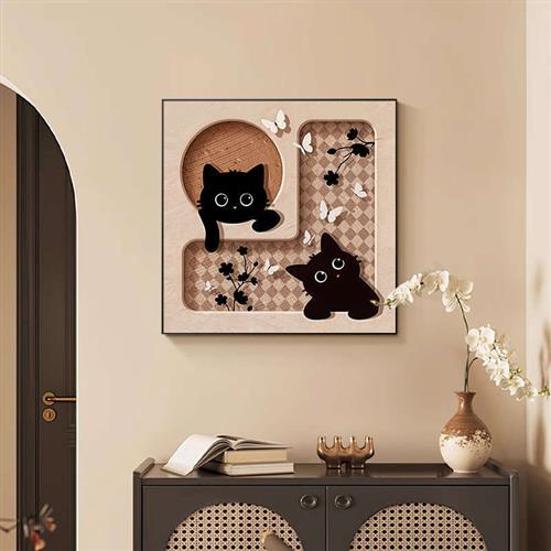 中古风猫咪餐厅装饰画卡通客厅桌面酒斗柜台摆件挂画卧室床头壁画图片