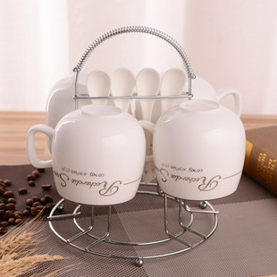 300毫升欧式陶瓷杯咖啡杯套装 创意4件套 骨瓷R咖啡杯送勺垫带架