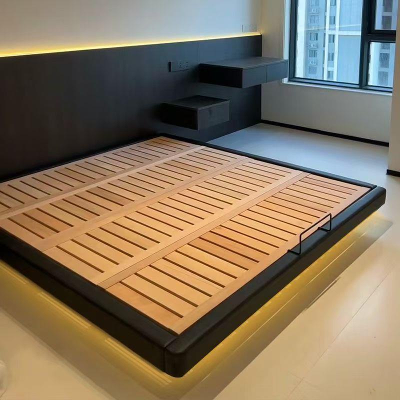 无床头带灯悬浮床现代简约主卧双人床燕尾榫加厚加密榉木床实木床