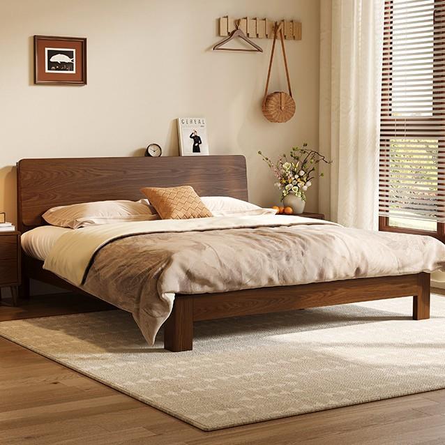 全实木床中古风胡桃木色1米5双人床轻奢家用大床主卧家具1米8客厅