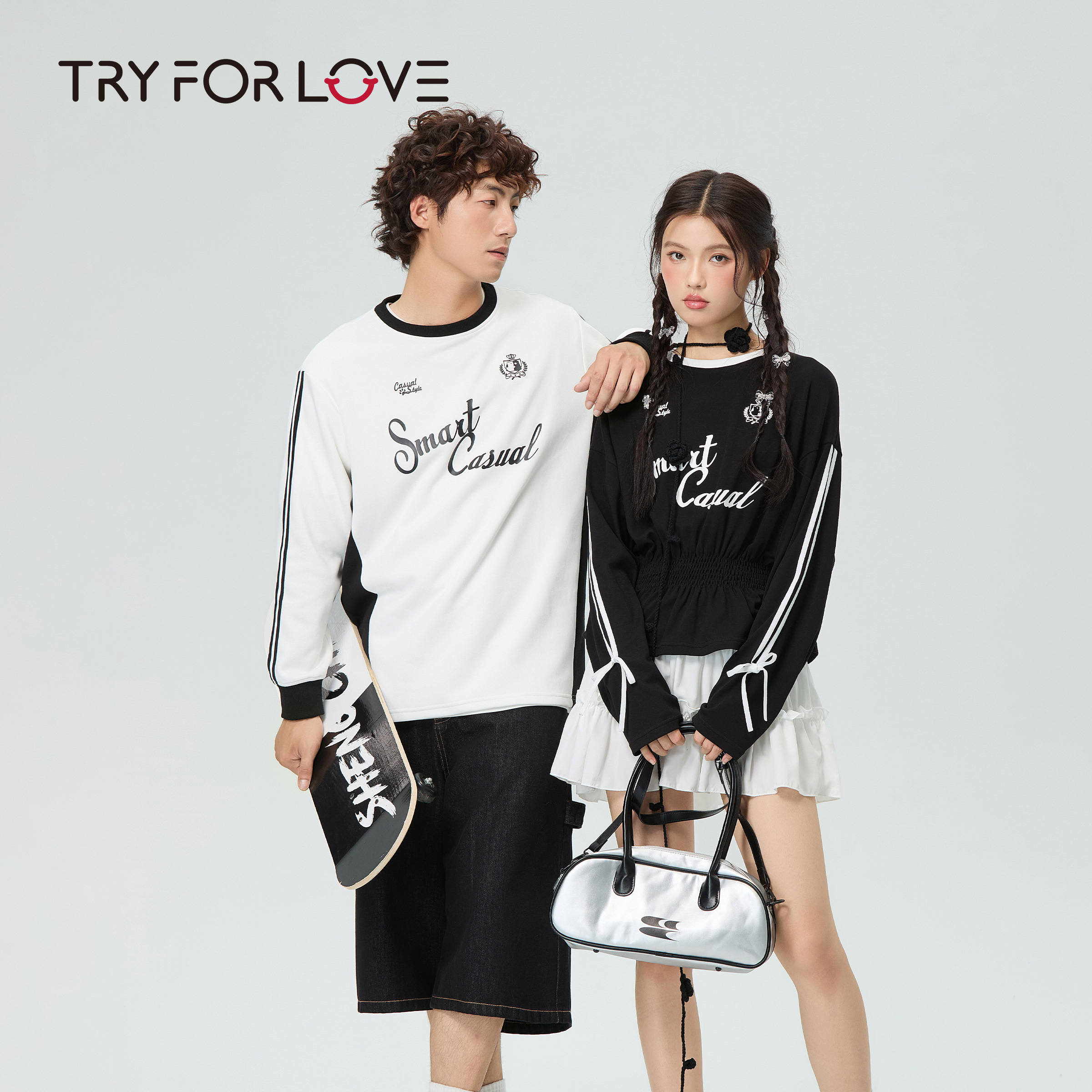 TRYFORLOVE美式潮流字母圆领条纹情侣装卫衣春秋款一长一短上衣女