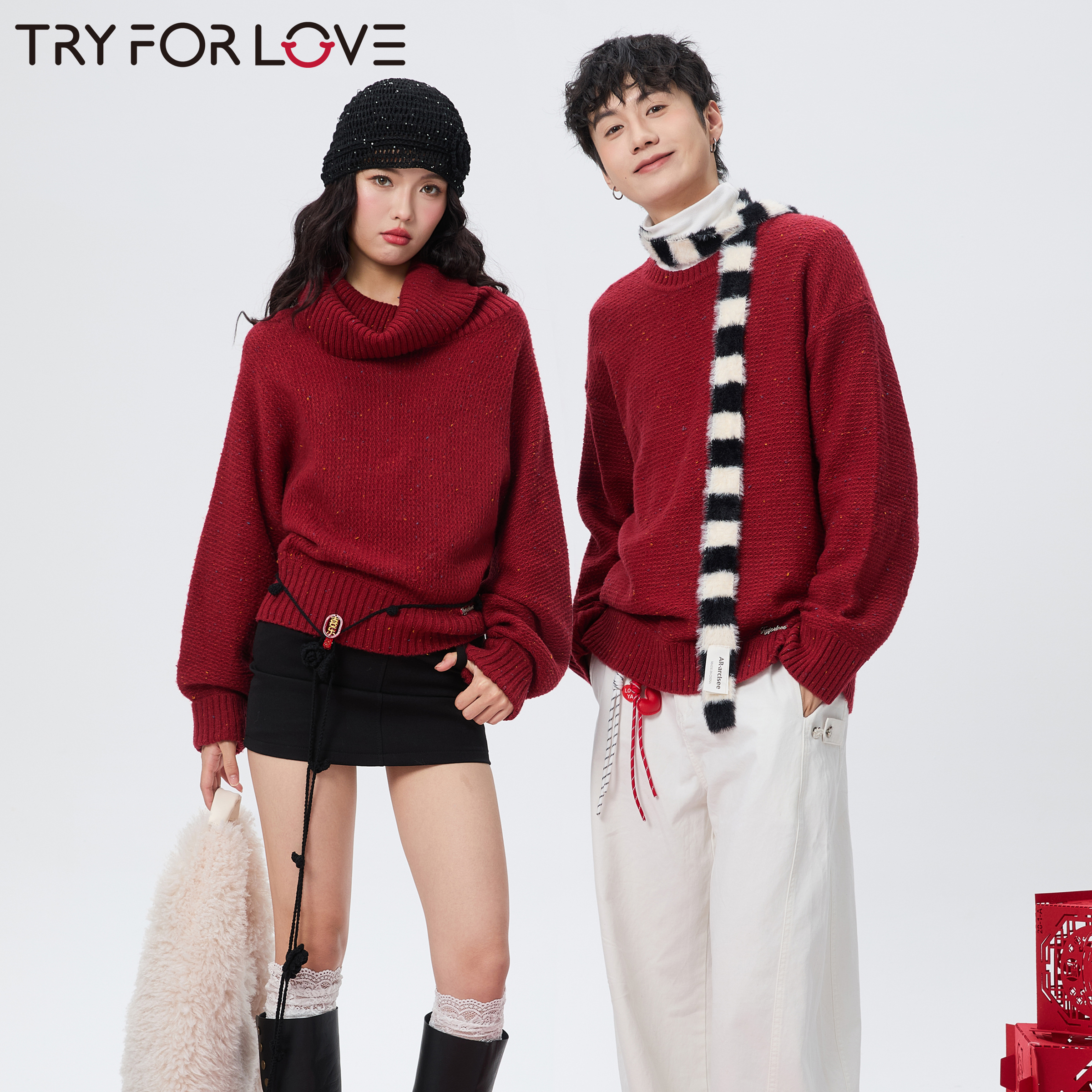 TRYFORLOVE红色露肩新年情侣装毛衣波点点缀冬季2025新款针织衫女