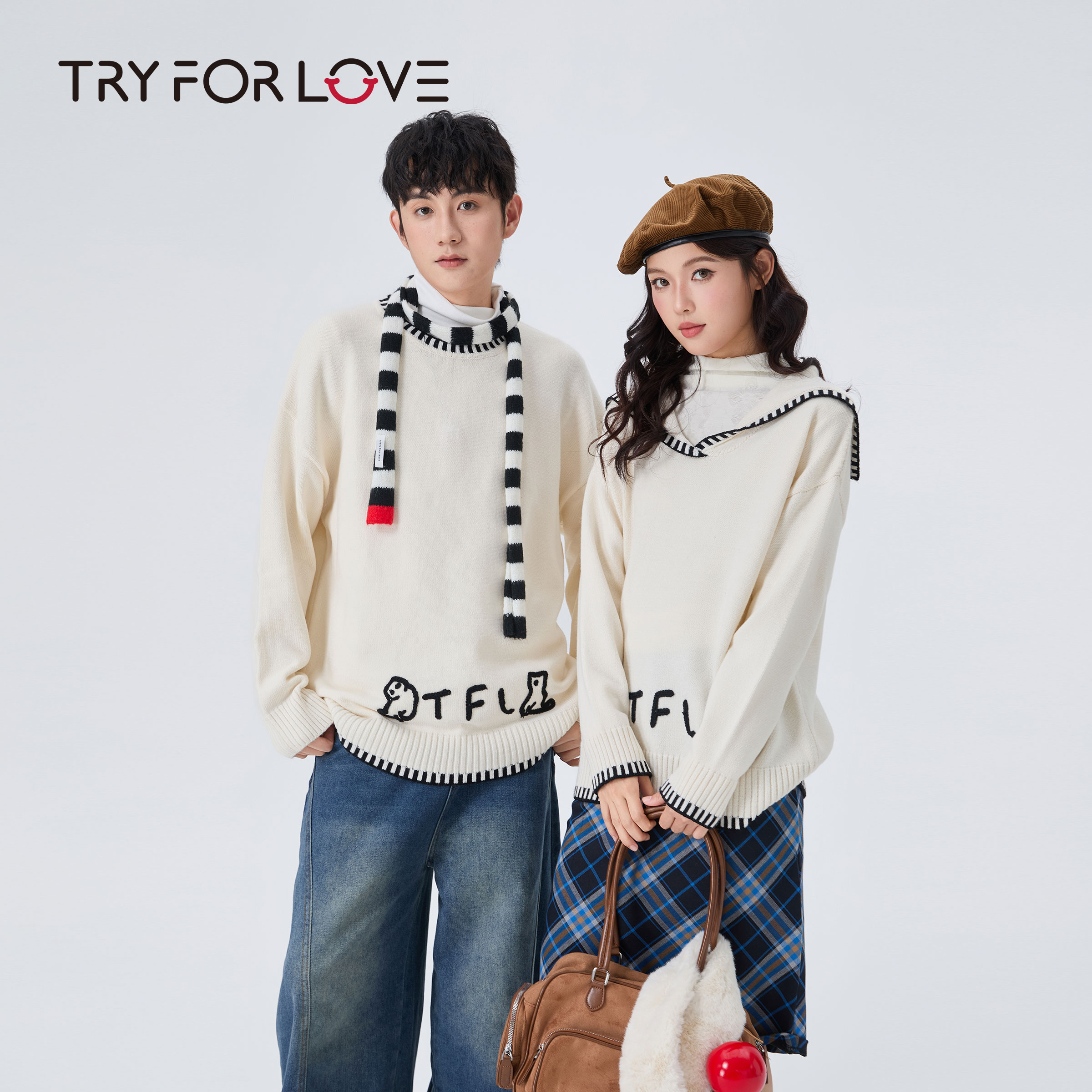 TRYFORLOVE猫咪字母刺绣海军蓝情侣装毛衣秋冬季2025新款针织衫女