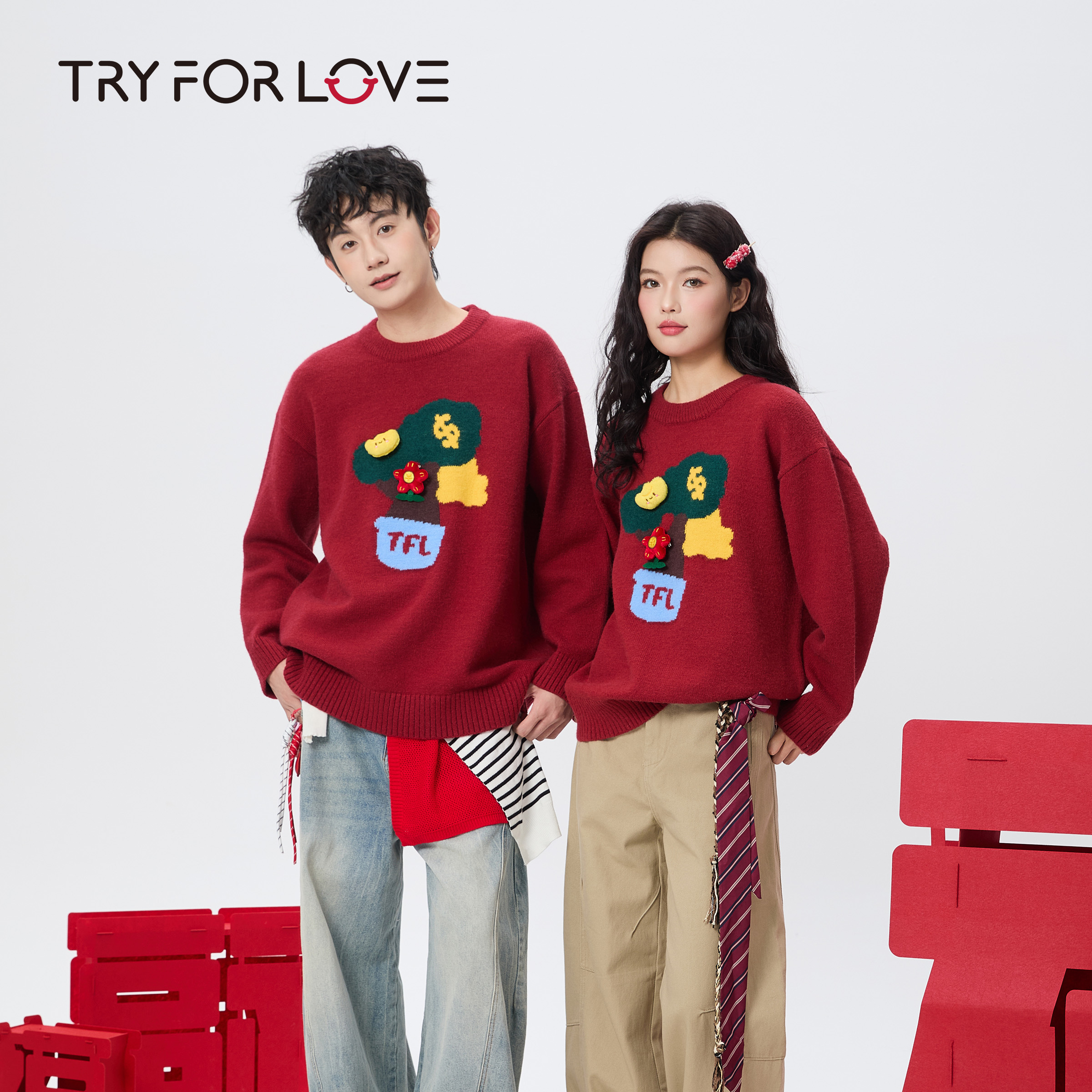 TRYFORLOVE新年刺绣发财树情侣装毛衣冬季红色本命年针织衫上衣女