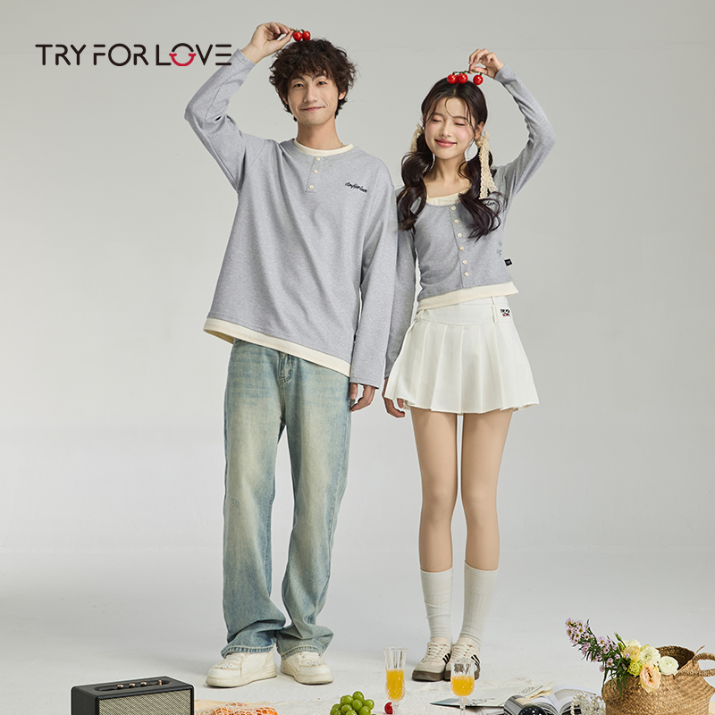 TRYFORLOVE情侣装假两件设计长袖t恤女2025春秋新款休闲一长一短