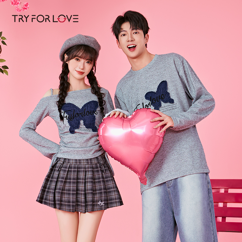 tryforlove【两件装】情侣装蝶梦幽幽卫衣女春秋季一长一短秋装