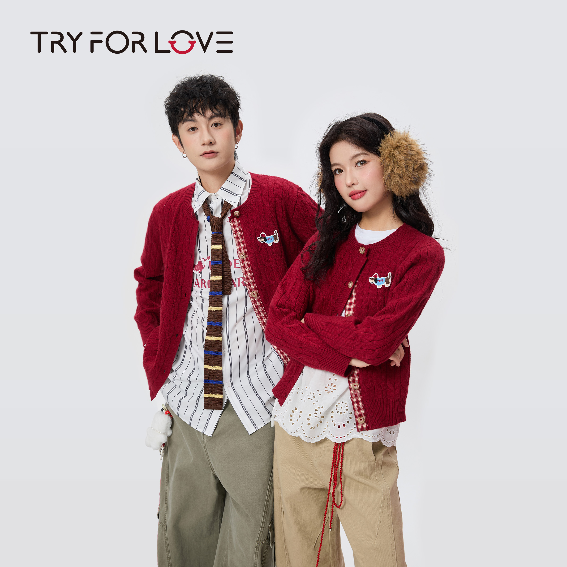 TRYFORLOVE腊肠狗麻花红色情侣装毛衣冬季2025新款慵懒风针织衫女