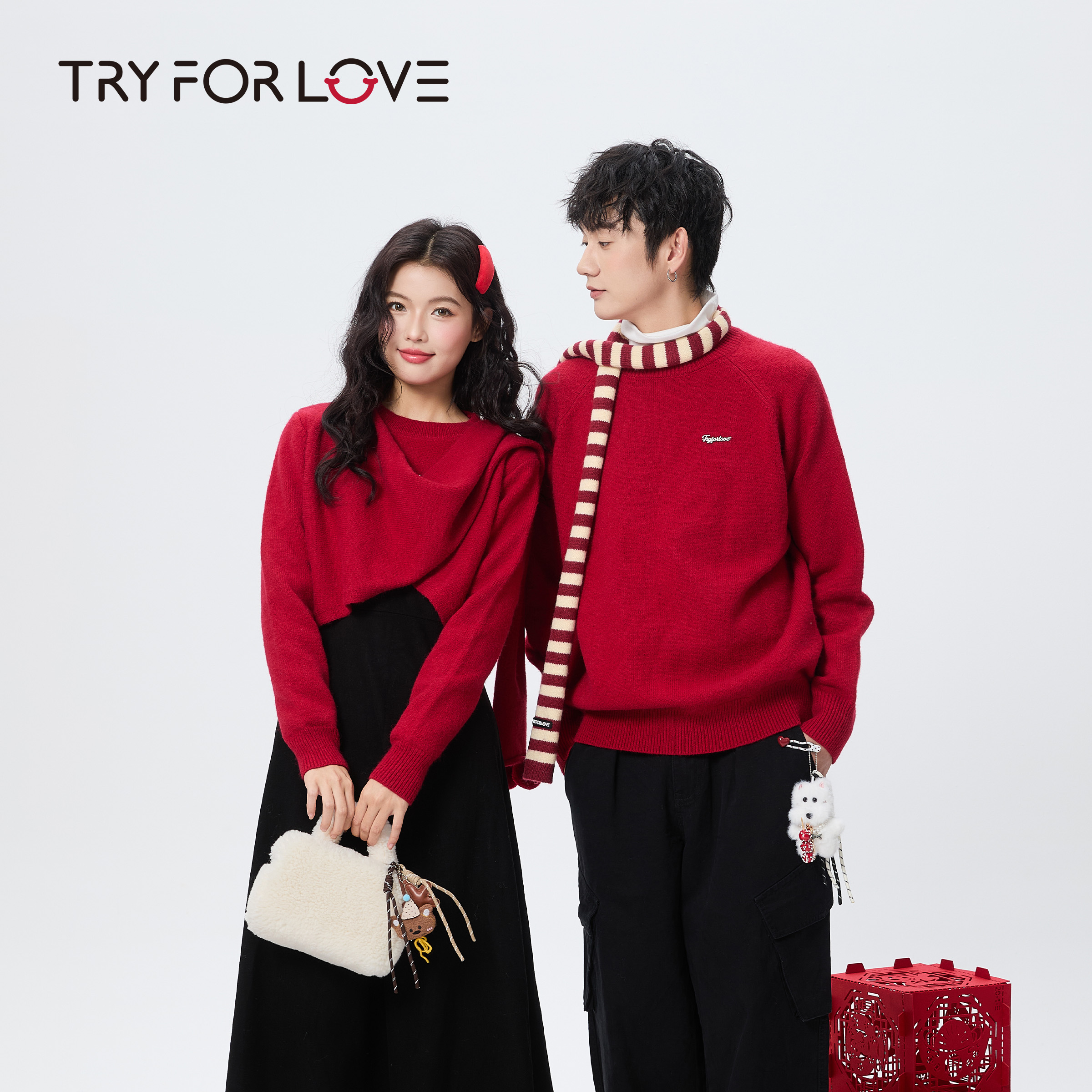 TRYFORLOVE红色新年喜庆情侣毛衣套装冬季本命年马年针织衫上衣女