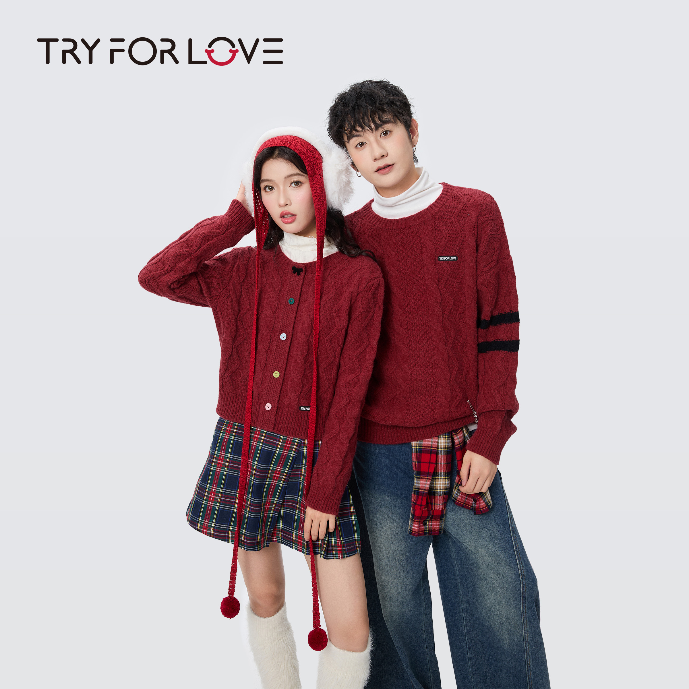 TRYFORLOVE新年红色麻花情侣装毛衣2025新款慵懒风开衫喜庆针织衫