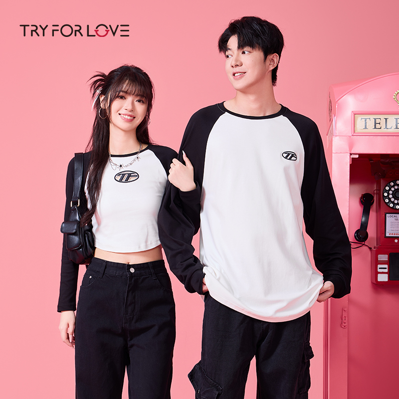 tryforlove情侣装插肩长袖t恤女2025春秋季新款纯棉上衣一长一短