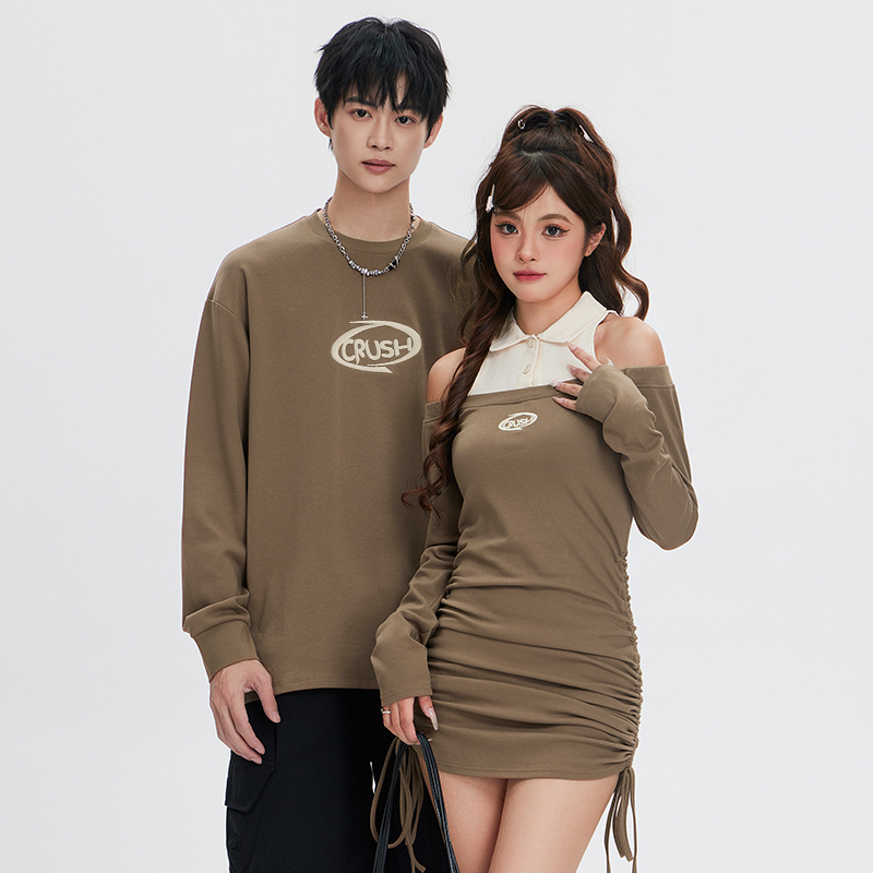 情侣装t恤裙子女2025春秋新款假两件气质长袖连衣裙女神范小香风