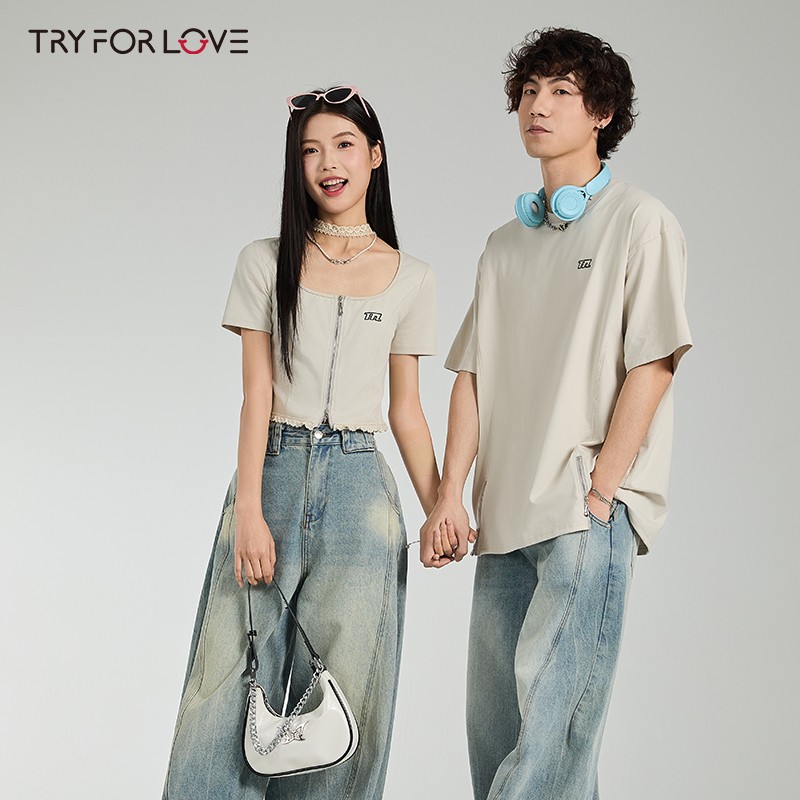 TRYFORLOVE不一样情侣装夏季休闲短袖T恤女2025新款百搭一长一短