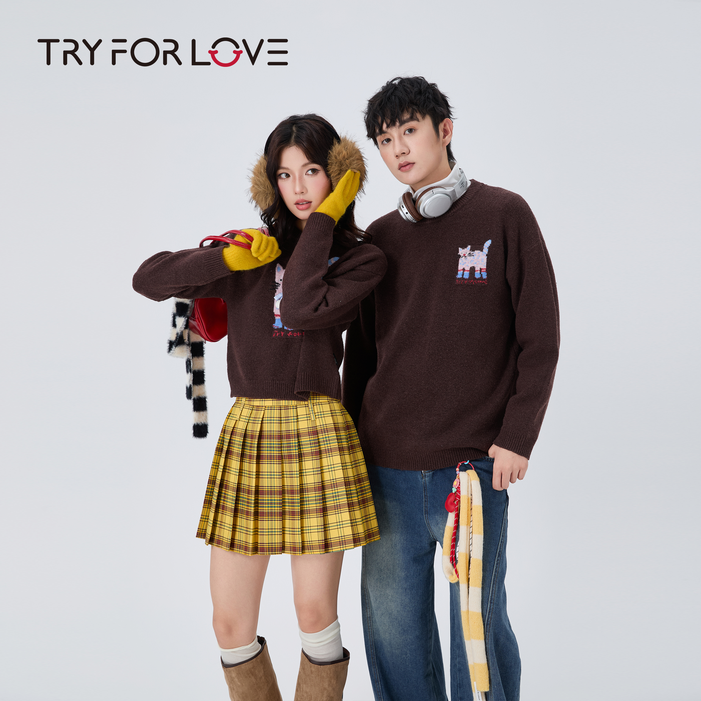 TRYFORLOVE抽象猫刺绣情侣装毛衣一长一短秋冬季2025新款针织衫女