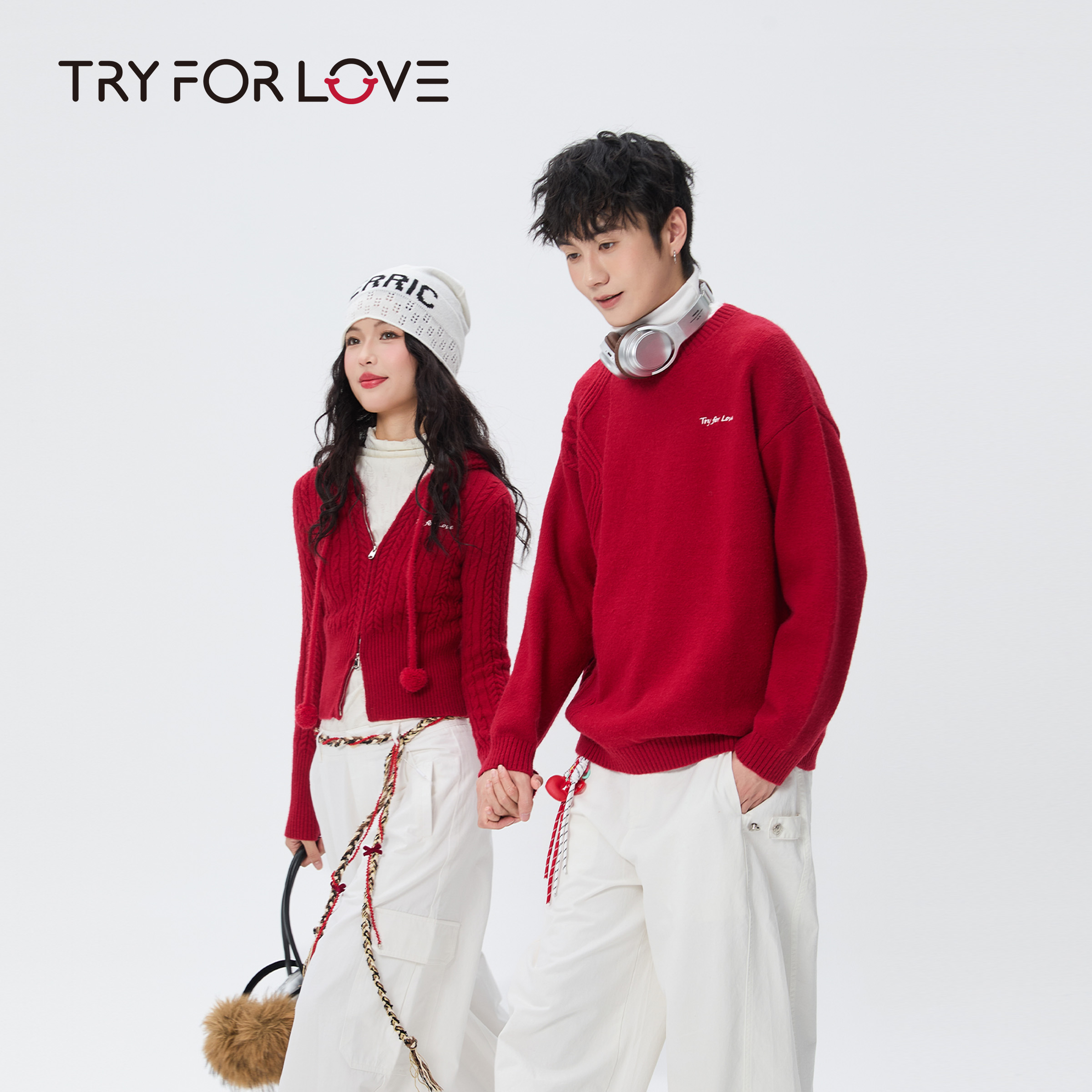 TRYFORLOVE红色喜庆连帽开衫毛衣外套冬季本命年马年针织衫上衣女