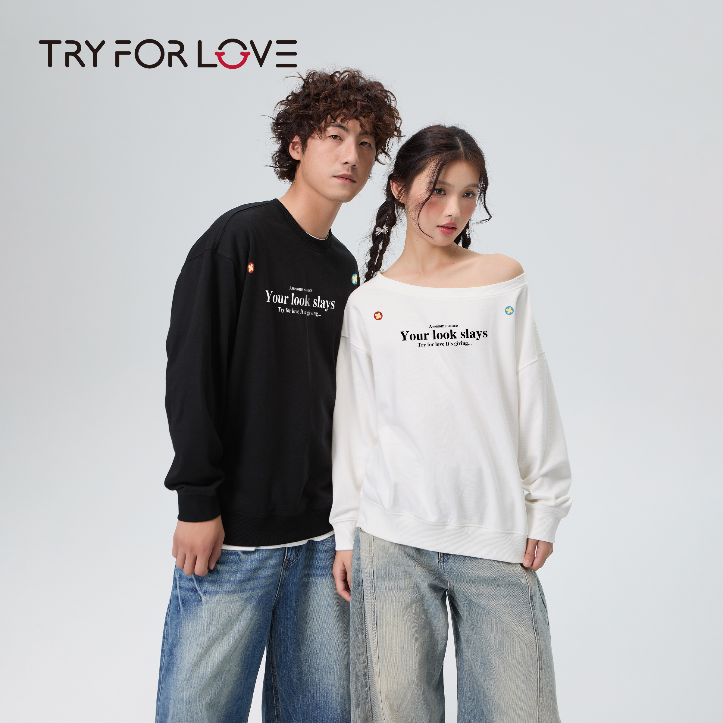 TRYFORLOVE美式简约斜肩字母情侣装卫衣2025新款春秋季宽松上衣