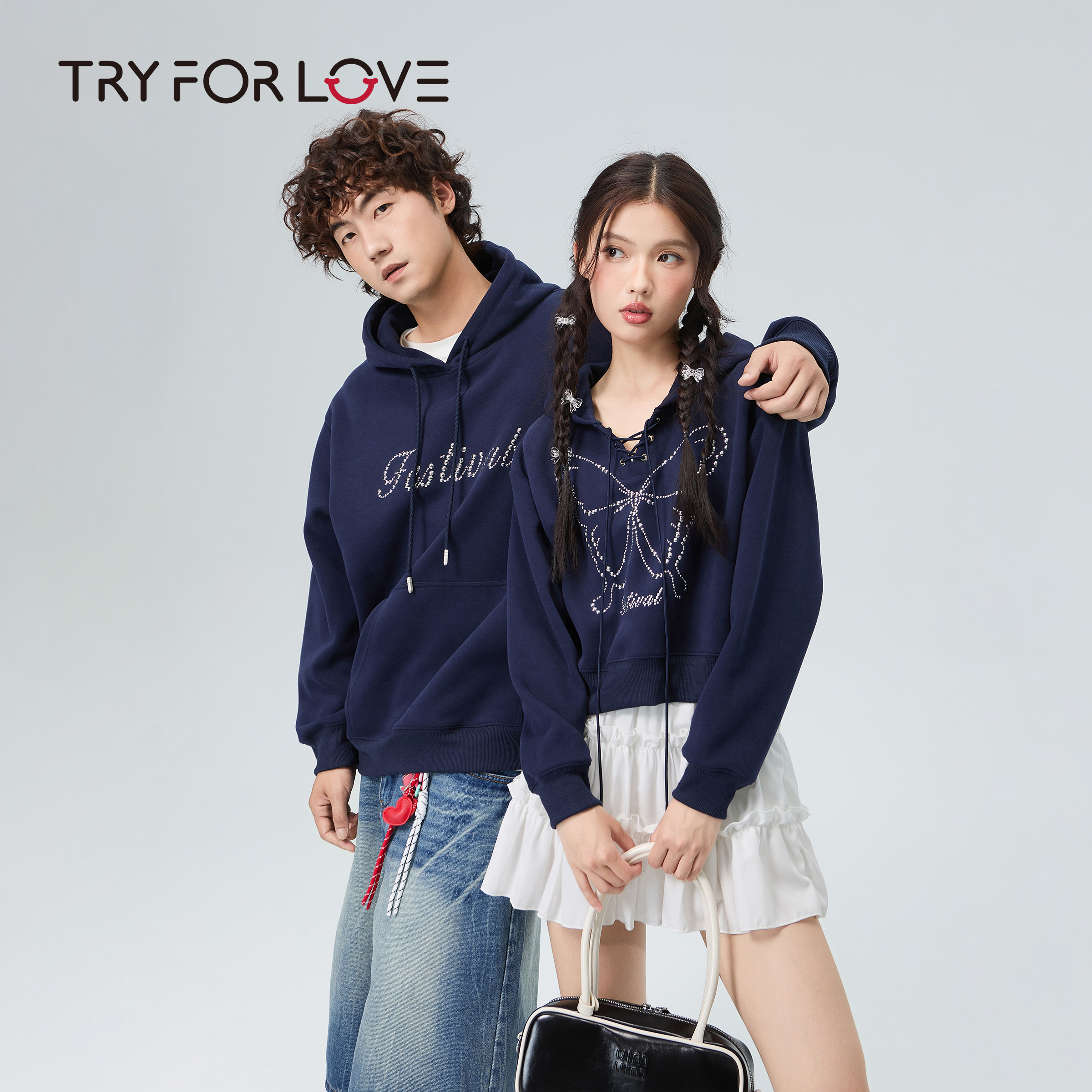 TRYFORLOVE珍珠蝴蝶连帽情侣装卫衣2025新款秋冬款百搭宽松外套女