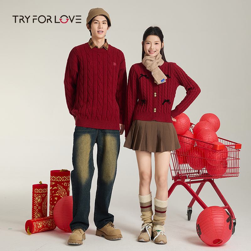 情侣毛衣新年酒红色TRYFORLOVE