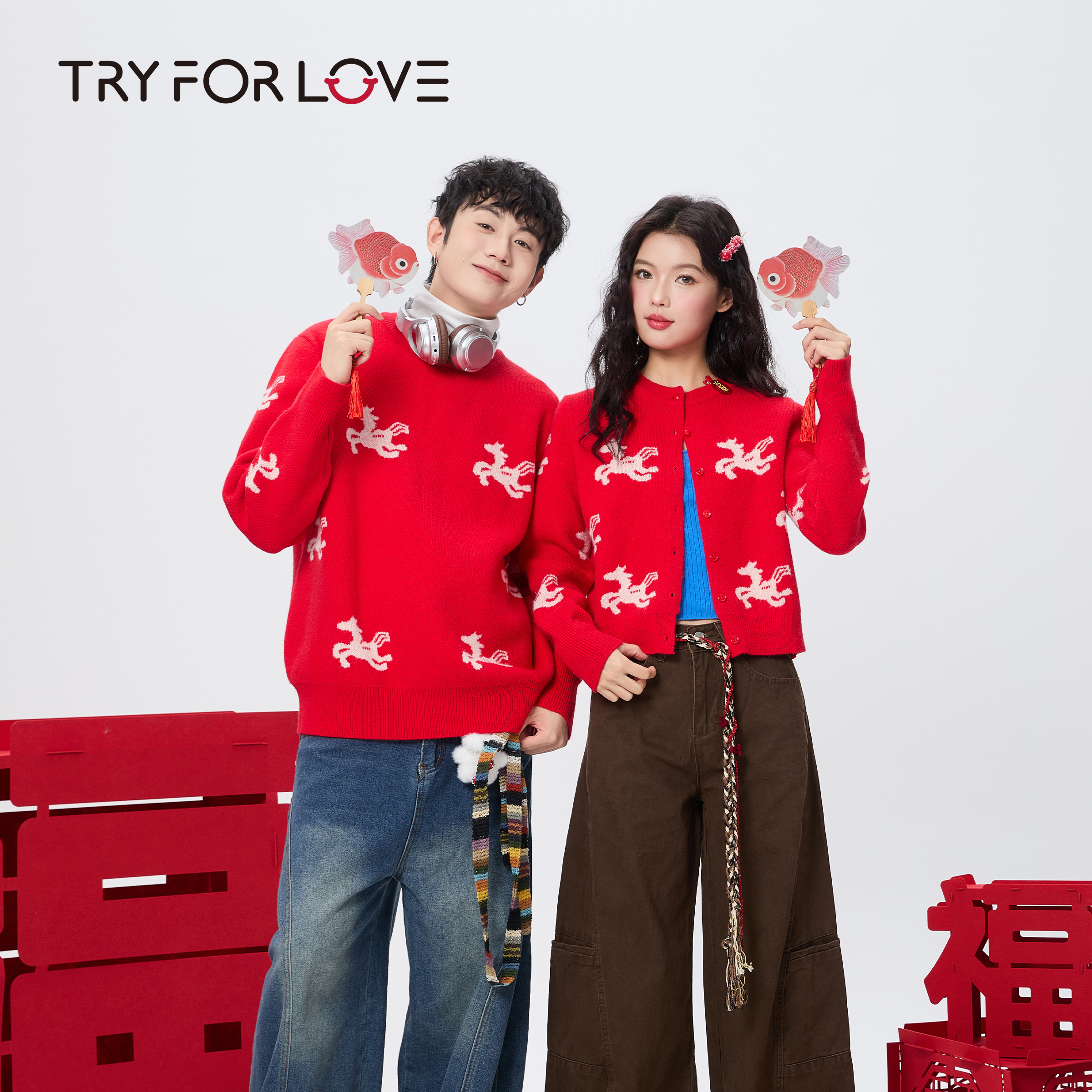 TRYFORLOVE马年本命年红色情侣装毛衣针织刺绣冬季2025新款上衣女