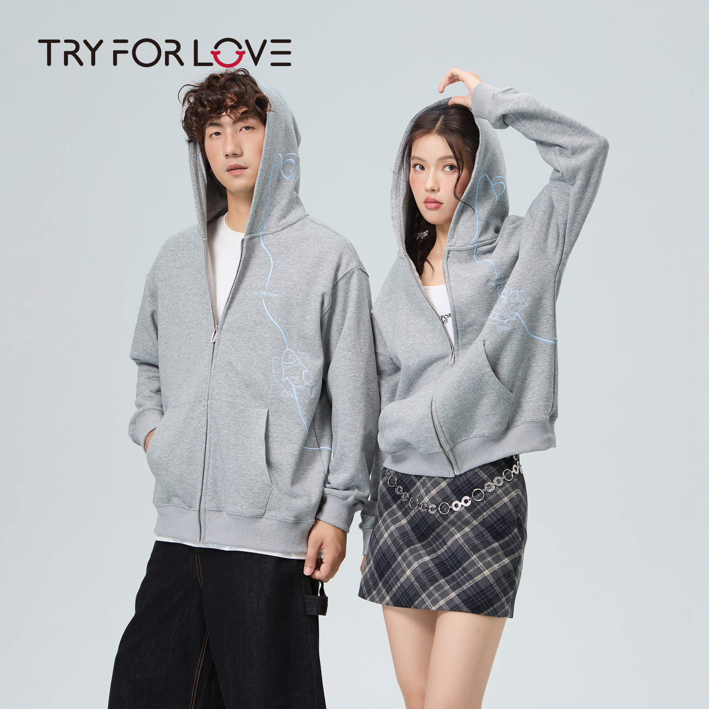 TRYFORLOVE情侣装绣花连帽卫衣男女2025秋春新款开衫一长一短外套