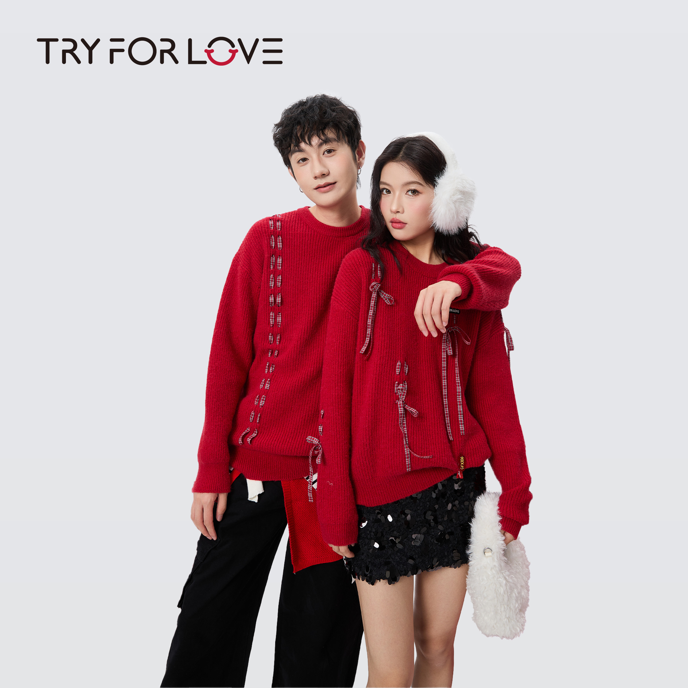 TRYFORLOVE新年喜庆抽绳情侣装毛衣冬季2025新款红色针织衫上衣女