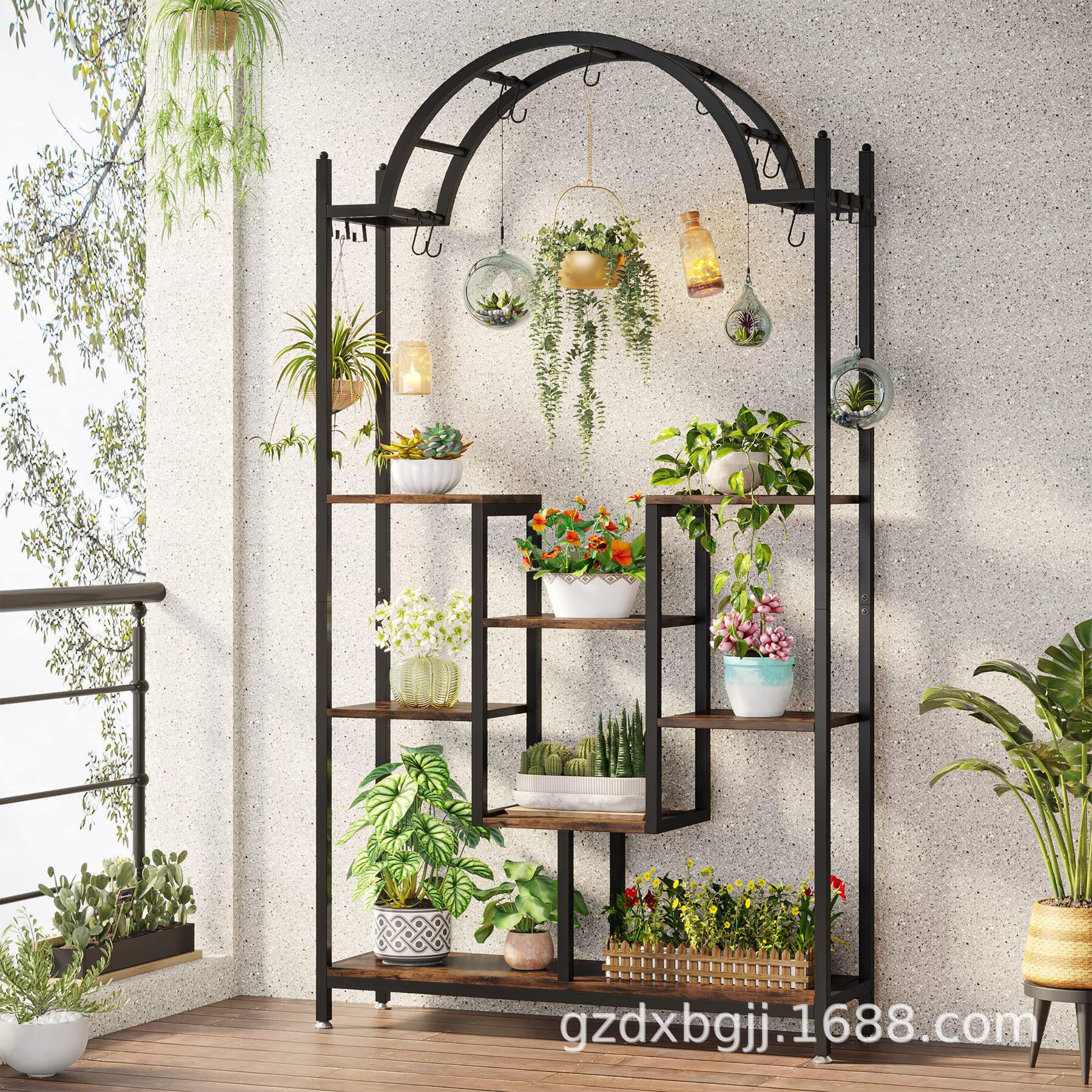 5 层高室内植物架 拱形金属花架，带挂钩大型盆景盆展示架