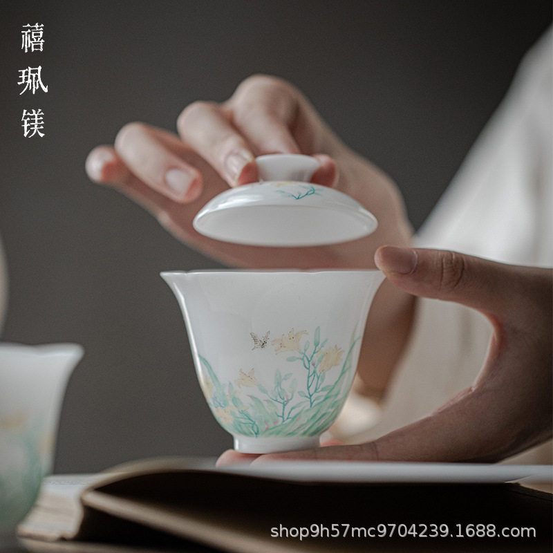 禧珮镁冰种玉瓷手绘满园春色花口盖碗茶杯高档茶具功夫碗盖羊脂玉