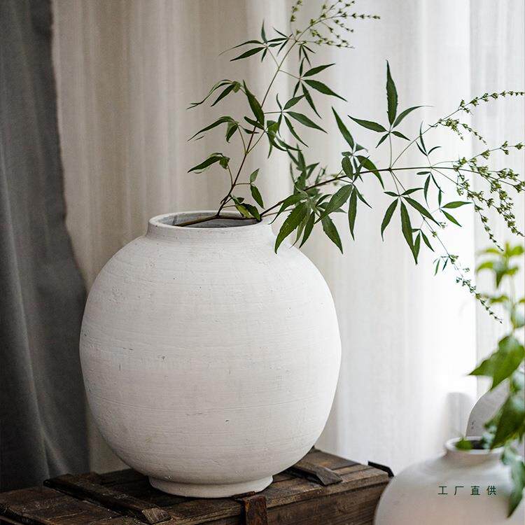 白色大号粗陶花瓶仿陶瓷落地大码插花客厅摆件月亮陶罐复古花器