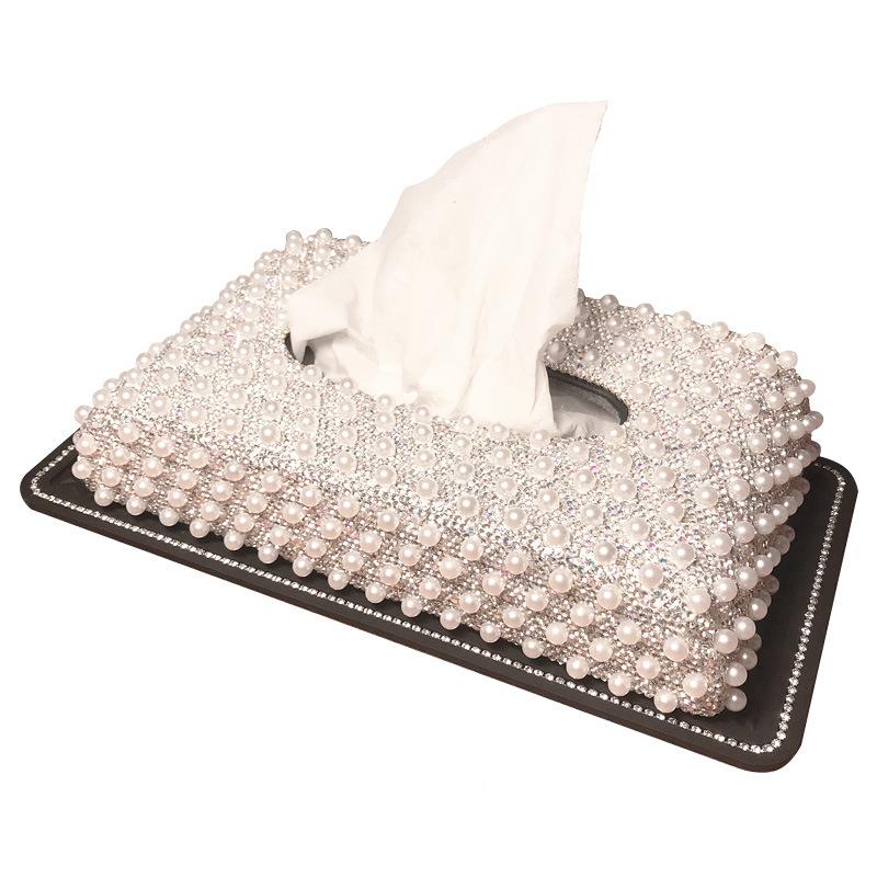 车巾用品纸巾盒可爱女士镶钻珍红色珍珠珠车载餐盒车用抽套纸盒汽