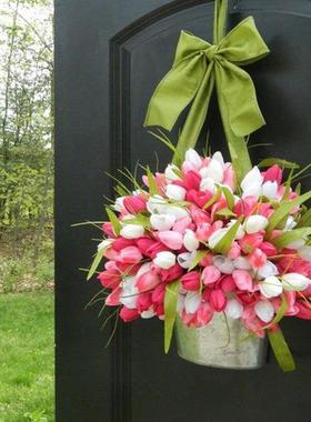 EWO金香花环桶春天花环装郁饰人造金香亲节复活节装饰门墙郁挂挂