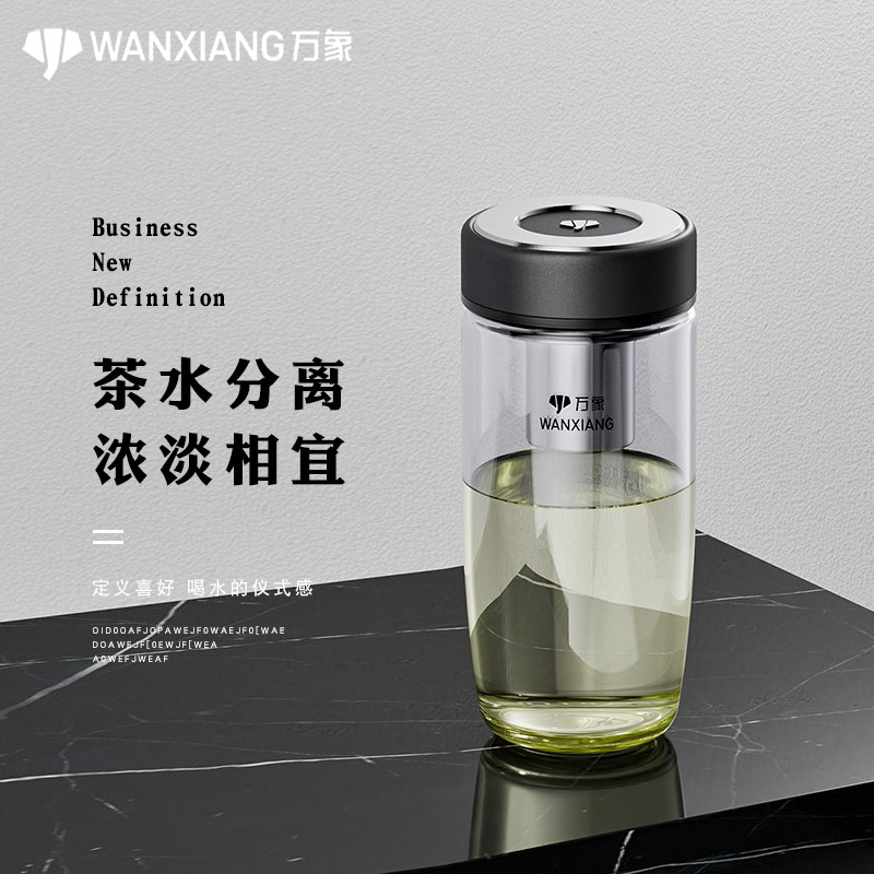 万象玻璃杯单层泡茶杯大容量高颜值简约商务带盖玻璃杯车载便携杯