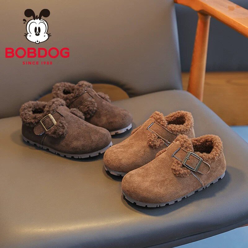 巴布豆儿童勃肯鞋加绒女童男童超火皮面毛绒保暖鞋子2025新款冬季