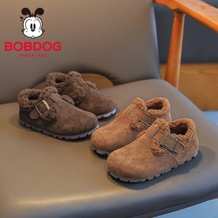 巴布豆儿童勃肯鞋加绒女童男童超火皮面毛绒保暖鞋子2025新款冬季