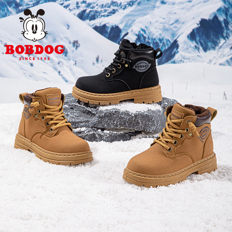 巴布豆男童皮面加绒马丁靴儿童靴子2025冬季新款靴鞋炸街痞帅鞋子