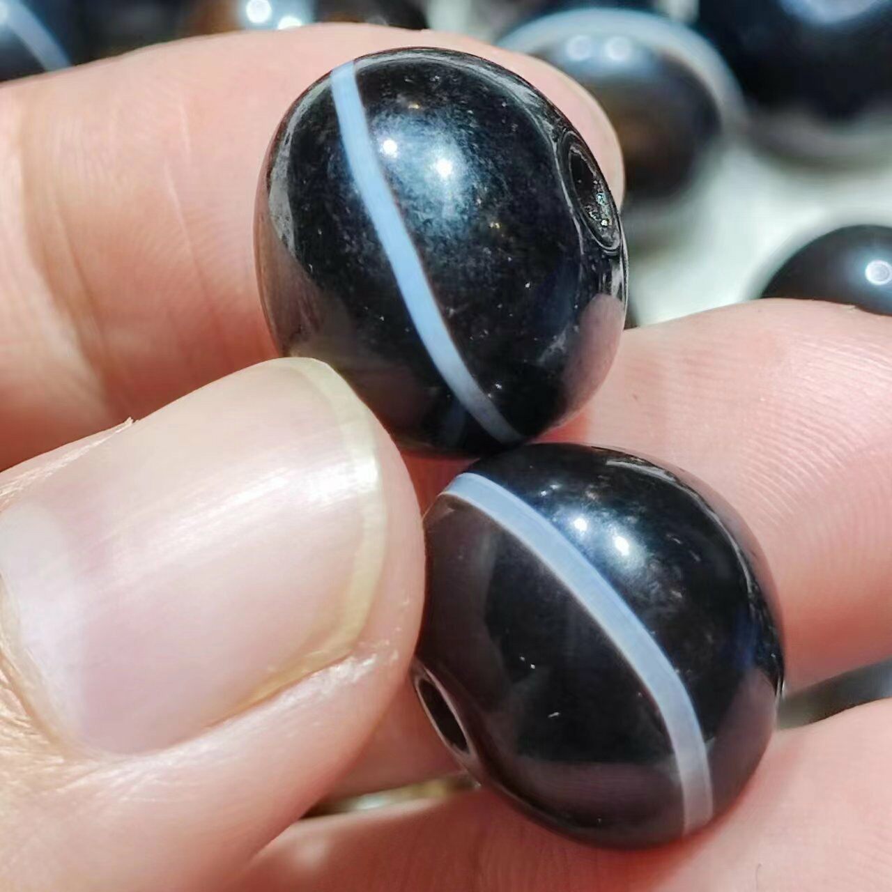 一线药师珠风化包浆黑白线珠天原老玛瑙天珠配珠收藏品