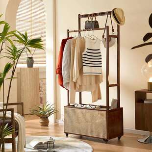 中古风实木藤编落地衣帽架卧室多功能复古挂衣架白蜡木立式储物架