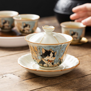 汝窑可爱猫三才盖碗茶杯单个高档带盖家用功夫泡茶碗茶具套装