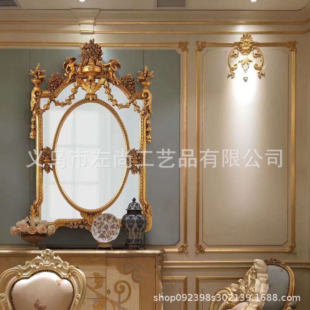 雕花镜子玄关镜挂墙式复古装饰镜子壁炉装饰镜子北欧壁挂式浴室镜