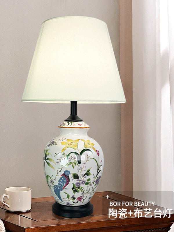 美式中式全铜陶瓷台灯客厅卧室床头灯温馨调光乡村复古花鸟创意