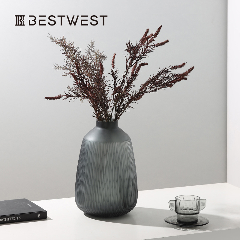 博西家居 中古风灰渐变色小口加厚玻璃花瓶家居样板间软装花器