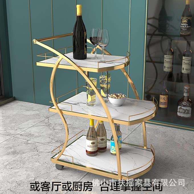 三层不锈钢镀金移动酒水车