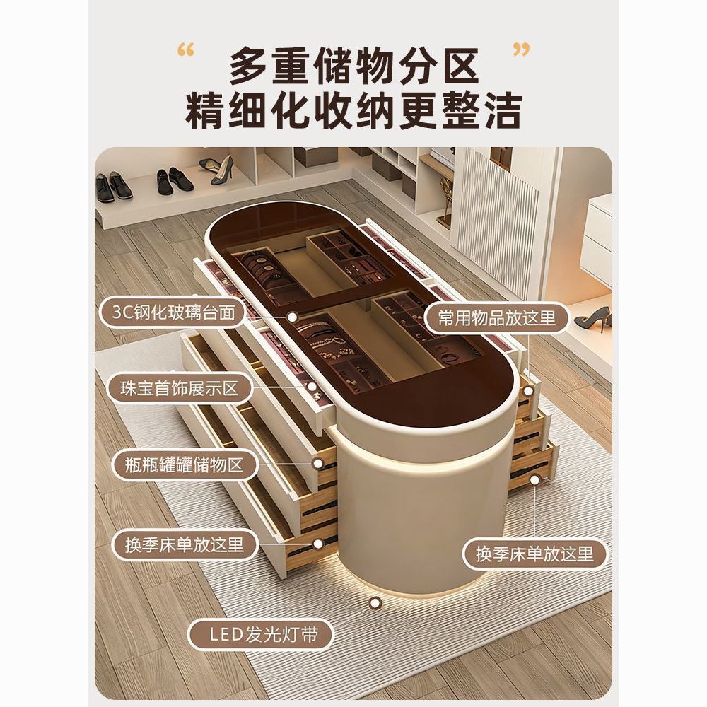 轻奢高级感衣帽间中岛台家用落地展示柜收纳柜实木珠宝首饰柜斗柜