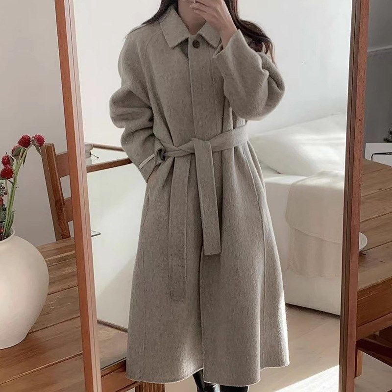 chic冬季法式慵懒风翻领一y粒扣绑带收腰中长款毛呢大衣外套女