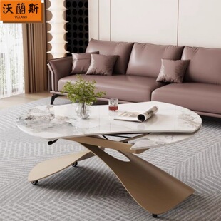 %岩板多功能可方可变圆桌&升降茶几餐桌移动两用一体式小户型客厅