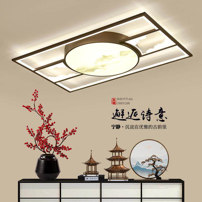 新中式led吸顶灯简约长方形圆形客厅灯具中国风山水创意书房灯