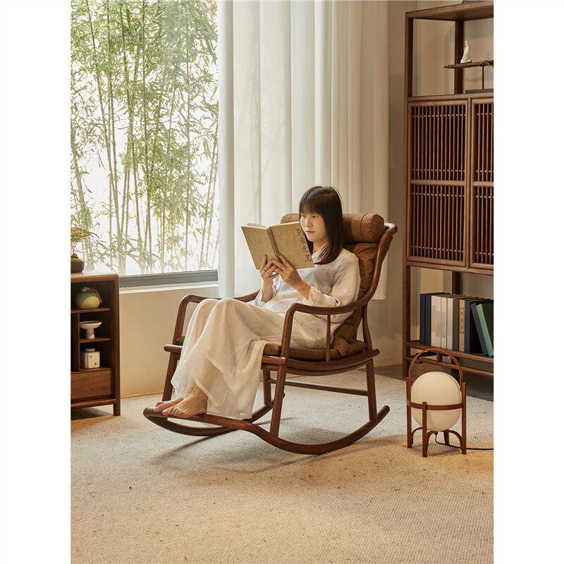 新中式全实木摇摇椅大人阳台午休懒人靠背沙发黑胡桃木休闲式摇椅