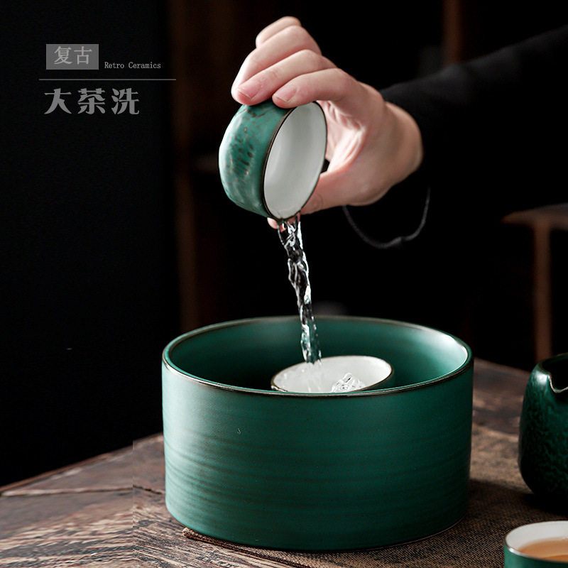 陶瓷茶洗大号中式茶具收纳水孟复古杯洗水洗茶渣盆粗陶建水笔洗